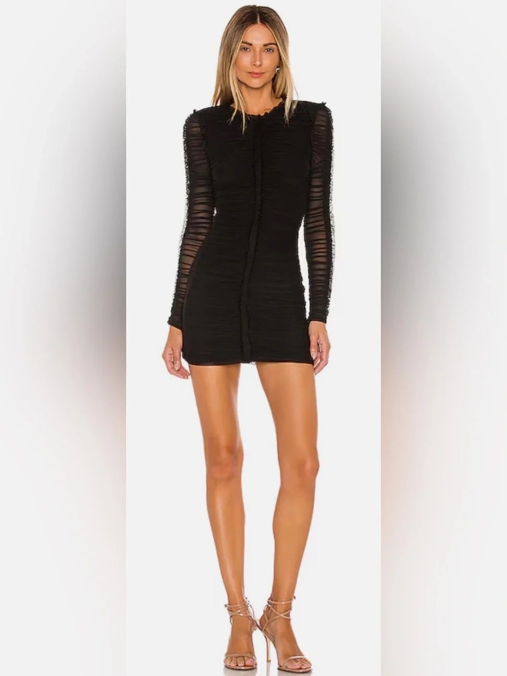 NBD 'Las Olas' Black Long Sleeve Mini  Black Sheer-Ruched  Bodycon Dress XS